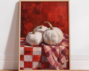 White Pumpkin Trio Digital Print Impressionist Fall Decor Red Checkered Tablecloth Seasonal Art Printable Cozy Autumn Wall Art Download