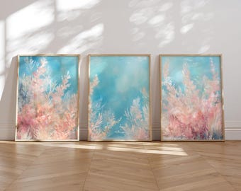 Coral Reef Wall Art Set of 3, Pink Seaweed and Ocean Pastel Prints, Underwater Coastal Digital Download for Beach House or Bathroom