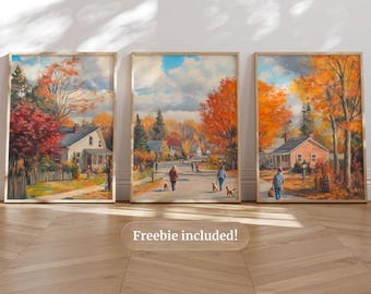 Autumn Neighborhood Wall Art Set of 3 Vibrant Red Orange Yellow Trees Charming Houses People Walking Dogs Cozy Fall Street Scene Printable