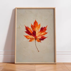 Autumn Maple Leaf Digital Print Vibrant Orange Red Yellow Fall Foliage Textured Background Simple Elegant Printable Wall Art Autumn Decor