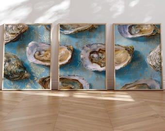 Set di 3 stampe murali con ostriche, colori pastello, per la cucina costiera, azzurro chiaro, conchiglie neutre, download digitale, decorazioni nautiche stampabili per la sala da pranzo in stile costiero