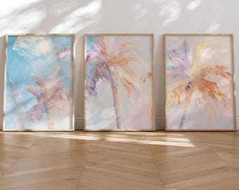 Juego de 3 láminas de palmeras en tonos pastel, arte mural costero de ensueño, descarga digital tropical para la decoración del hogar en verano y habitaciones inspiradas en la playa.
