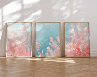 Coral Reef Wall Art Set of 3, Abstract Ocean Prints in Pink and Blue, Pastel Coastal Digital Download for Beachy and Dreamy Decor