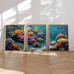 Coral Reef Set of 3 Prints Vibrant Underwater Wall Art Colorful Ocean Scene Marine Life Digital Download Coastal Sea Decor for Beach Home