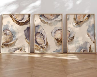 Set di 3 stampe murali con ostriche, colori pastello, ispirate alla costa, per la cucina. Colori neutri, azzurro chiaro, conchiglie, download digitale. Decorazioni per la casa al mare, cucina e sala da pranzo.