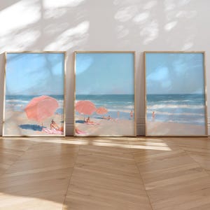 Set of 3 Pink Beach Oil Painting Prints Digital Wall Art Umbrellas Ocean View Coastal Summer Decor Beach Lovers Printable Artwork Home Decor