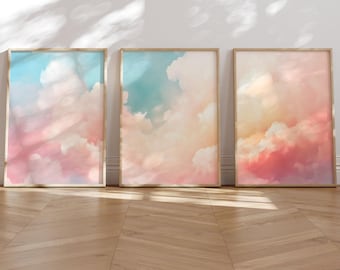 Set of 3 Pastel Cloud Prints, Dreamy Sky Wall Art in Soft Pink and Blue, Digital Download Cloud Poster Trio for Bedroom or Living Room