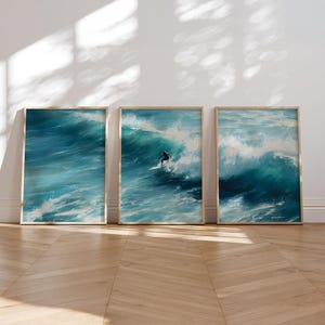 Surfer Print Set of 3 Dramatic Surfing Wall Art Ocean Wave Painting Coastal Digital Download Surfboard Art Blue Sea Surf Home Decor