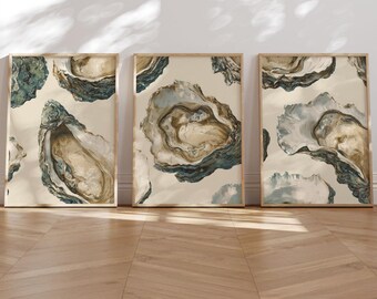 Oyster Wall Art Set of 3 Pastel Coastal Kitchen Prints Light Beige Neutral Shell Digital Download Modern Beach Decor for Neutral Living Room