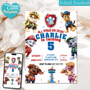 Modèle modifiable d'invitation d'anniversaire Paw-ty | Puppy Patrol Pup Crew Garçons et filles Anniversaire | Invitation de fête imprimable pour enfants | Téléchargement instantané