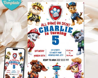 Editable Paw-ty Birthday Invitation Template | Puppy Patrol Pup Crew Boys & Girls Bday | Kids Printable Party Invitation | Instant Download