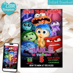 Invito di compleanno Inside out 2 modificabile / Modello Canva personalizzabile, per bambini e bambine, invito stampabile, invito con download immediato