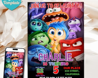 Invito di compleanno Inside out 2 modificabile / Modello Canva personalizzabile, per bambini e bambine, invito stampabile, invito con download immediato