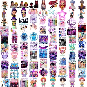 Puede incluir: Una colecci&oacute;n de dise&ntilde;os gr&aacute;ficos coloridos con personajes de dibujos animados, texto e ilustraciones. Los dise&ntilde;os incluyen los textos "SAJA BOYS", "HUNTRIX" y "BABY". La paleta de colores incluye morado, azul, rosa y blanco.
