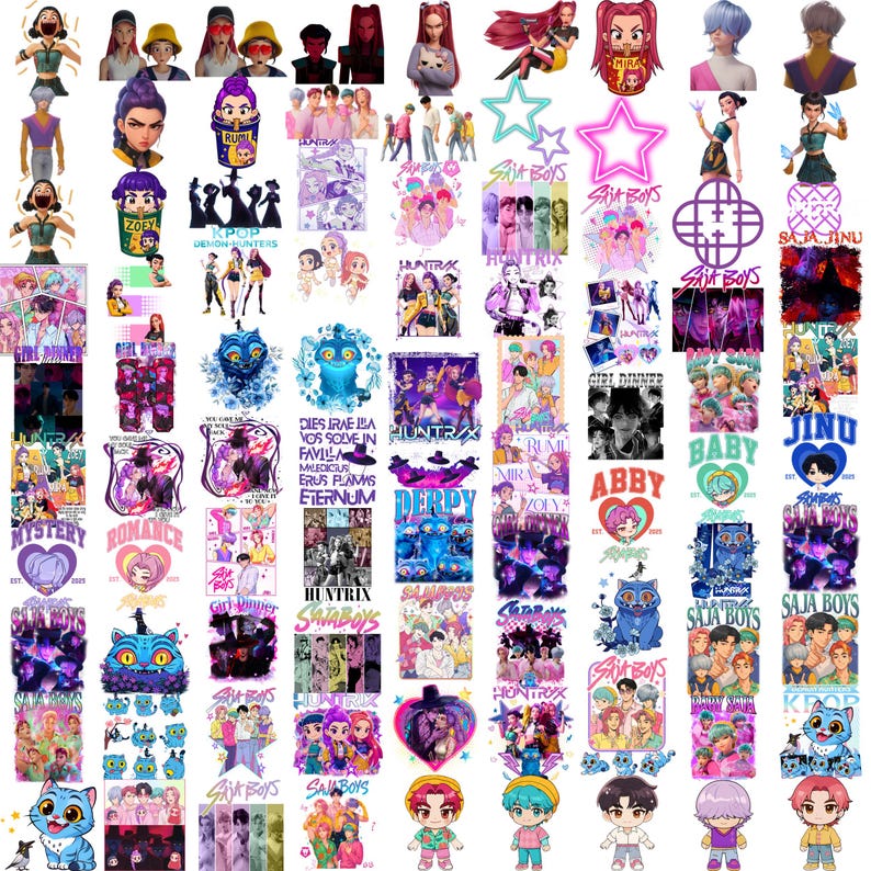 Puede incluir: Una colecci&oacute;n de dise&ntilde;os gr&aacute;ficos coloridos con personajes de dibujos animados, texto e ilustraciones. Los dise&ntilde;os incluyen los textos "SAJA BOYS", "HUNTRIX" y "BABY". La paleta de colores incluye morado, azul, rosa y blanco.