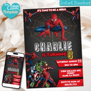 Bearbeitbare Spiderman-Geburtstagseinladung | Spiderman Geburtstagsparty einladen | Spiderman Digital einladen | Bearbeitbar mit Canva | Sofort Download