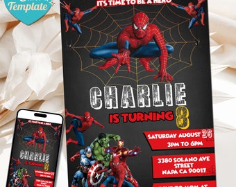 Invito di compleanno modificabile di Spiderman / Invito alla festa di compleanno di Spiderman / Invito digitale di Spiderman / Modificabile con Canva / Download immediato