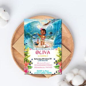 May include: A colorful invitation for a 3rd birthday party with a Moana theme. The invitation features a cartoon image of Moana in a blue dress and a flower crown, standing in front of a blue ocean wave. The text on the invitation reads "The Ocean is Calling You @Liva is turning 3 Saturday October 19 1 PM to 6 PM Olivia's Place 18 Lavender Street, Newark, CA, 94560 RSVP to Mom at 123-4556-7890".