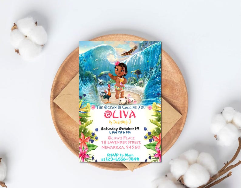 May include: A colorful invitation for a 3rd birthday party with a Moana theme. The invitation features a cartoon image of Moana in a blue dress and a flower crown, standing in front of a blue ocean wave. The text on the invitation reads "The Ocean is Calling You @Liva is turning 3 Saturday October 19 1 PM to 6 PM Olivia's Place 18 Lavender Street, Newark, CA, 94560 RSVP to Mom at 123-4556-7890".