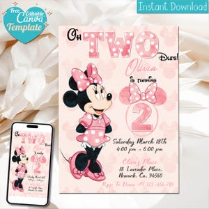 Editable Oh TWOdles Minnie Mouse Birthday Invitation, Oh Twodles Invitation, Cute Mouse Second Birthday Invite 2nd Birthday, Watercolor pink