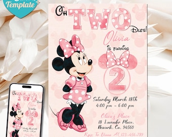 Editable Oh TWOdles Minnie Mouse Birthday Invitation, Oh Twodles Invitation, Cute Mouse Second Birthday Invite 2nd Birthday, Watercolor pink