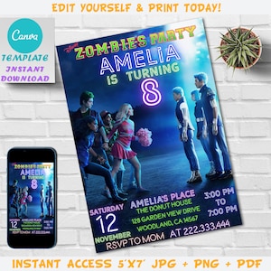 Zombies 3 Party Invitation | Zombies Birthday Invitation | Digital Party Invite | Editable Printable Canva Template, Invite Instant Download