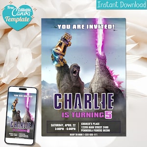 May include: A purple and white birthday invitation featuring a photo of King Kong and Godzilla fighting. The invitation says "You are invited!" and "Charlie is turning 5". The invitation includes the date, time, and location of the party.