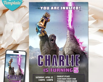 Anpassningsbar Godzilla X Kong-inbjudan till barnfödelsedagsfest | Utskrivbar, digital, Canva-mall | Godzilla X Kong-inbjudan | Direktnedladdning