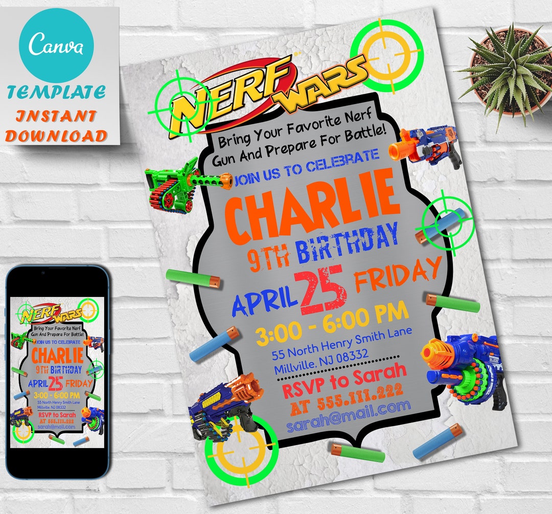 Editable Birthday Party Invitation, Dart Birthday Invite, Nerf Birthday ...