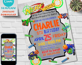 Editable Birthday Party Invitation, Dart Birthday Invite, Nerf Birthday Party Invitation, Editable With Canva Printable, Instant Download