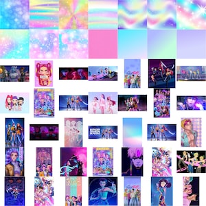 Puede incluir: Un collage de im&aacute;genes con fondos y patrones vibrantes y coloridos. Las im&aacute;genes tambi&eacute;n incluyen ilustraciones y arte promocional para series animadas y grupos de K-pop, con un enfoque en dise&ntilde;os de personajes y fotos grupales.