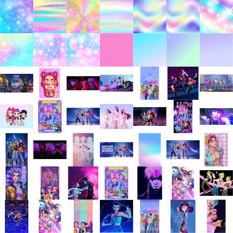 Puede incluir: Un collage de im&aacute;genes con fondos y patrones vibrantes y coloridos. Las im&aacute;genes tambi&eacute;n incluyen ilustraciones y arte promocional para series animadas y grupos de K-pop, con un enfoque en dise&ntilde;os de personajes y fotos grupales.