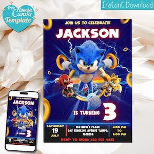 Invito di compleanno di Sonic modificabile / Per invito per ragazzo e ragazza / Modello di invito per festa del riccio stampabile / Invito download immediato