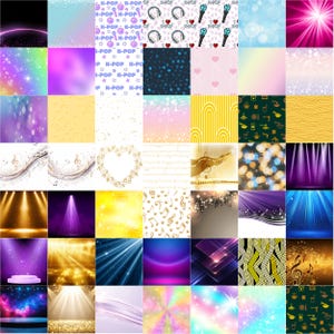 May include: A collage of various digital backgrounds and patterns. The image includes designs with musical notes, K-Pop text, and abstract light effects. Colors range from gold and purple to blue and pink, with some patterns featuring hearts and stars.