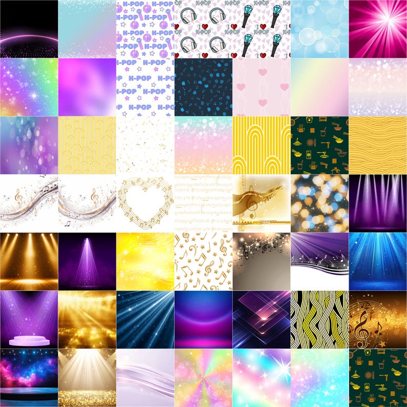 May include: A collage of various digital backgrounds and patterns. The image includes designs with musical notes, K-Pop text, and abstract light effects. Colors range from gold and purple to blue and pink, with some patterns featuring hearts and stars.