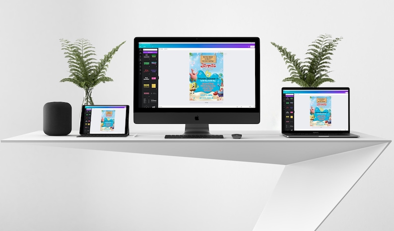 K&ouml;nnte beinhalten: Ein wei&szlig;er Schreibtisch mit einem schwarzen Lautsprecher, einem Tablet, einem Desktop-Computer und einem Laptop. Jedes Ger&auml;t ist auf ein Designprogramm ge&ouml;ffnet, das eine farbenfrohe Einladung mit einer Comicfigur zeigt. Die Einladung lautet "Fiesta de Pijama" und "J&uacute;nior".