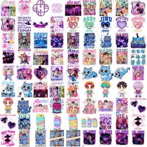 May include: A collection of colorful stickers featuring various designs, including cartoon characters, text, and illustrations. The stickers showcase a variety of themes, such as music groups, cute animals, and soda pop cans. The designs are vibrant and eye-catching.