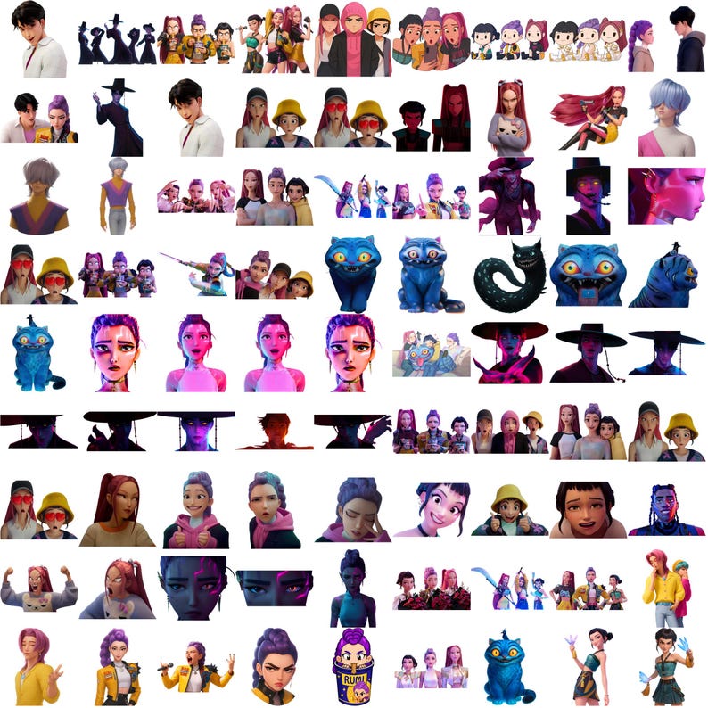 May include: A collection of various stickers featuring animated characters, portraits, and stylized figures. The stickers showcase a range of colors and designs, including cartoon cats, portraits of women, and other unique illustrations. The stickers are suitable for decorating various items.