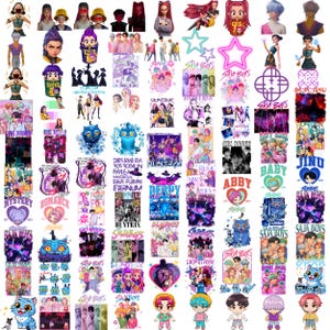 May include: A collection of various stickers and graphics featuring cartoon characters, band members, and text. The designs include hearts, stars, and the words "SAJA BOYS", "HUNTRIX", and "BABY". The color palette is primarily purple, pink, and blue.