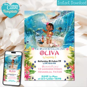 Editierbare Baby Moana Geburtstagseinladung | Kinder Thema Party Einladung Vorlage | Digitale Hawaiianische Moana Geburtstagseinladung | Sofort Download