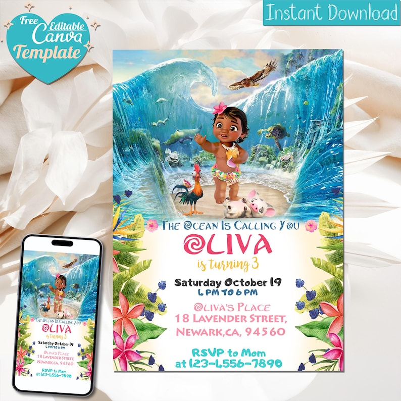 May include: A Moana-themed birthday invitation with a cartoon image of Moana standing on a beach with a rooster and a pig. The invitation is for a girl named Olivia's 3rd birthday party. The text on the invitation reads "The Ocean is Calling You @Olivia is turning 3 Saturday October 19 1 PM to 6 PM @Olivia's Place 18 Lavender Street, Newark, CA, 94560 RSVP to Mom at 123-4556-7890".