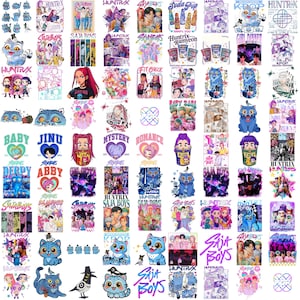 Puede incluir: Una colecci&oacute;n de dise&ntilde;os gr&aacute;ficos coloridos con texto e ilustraciones. Los dise&ntilde;os incluyen texto como "SAJA BOYS", "HUNTRY" y "KPOP". Las ilustraciones incluyen personajes de dibujos animados, corazones y gatos. La paleta de colores es diversa, con tonos de azul, rosa y morado.