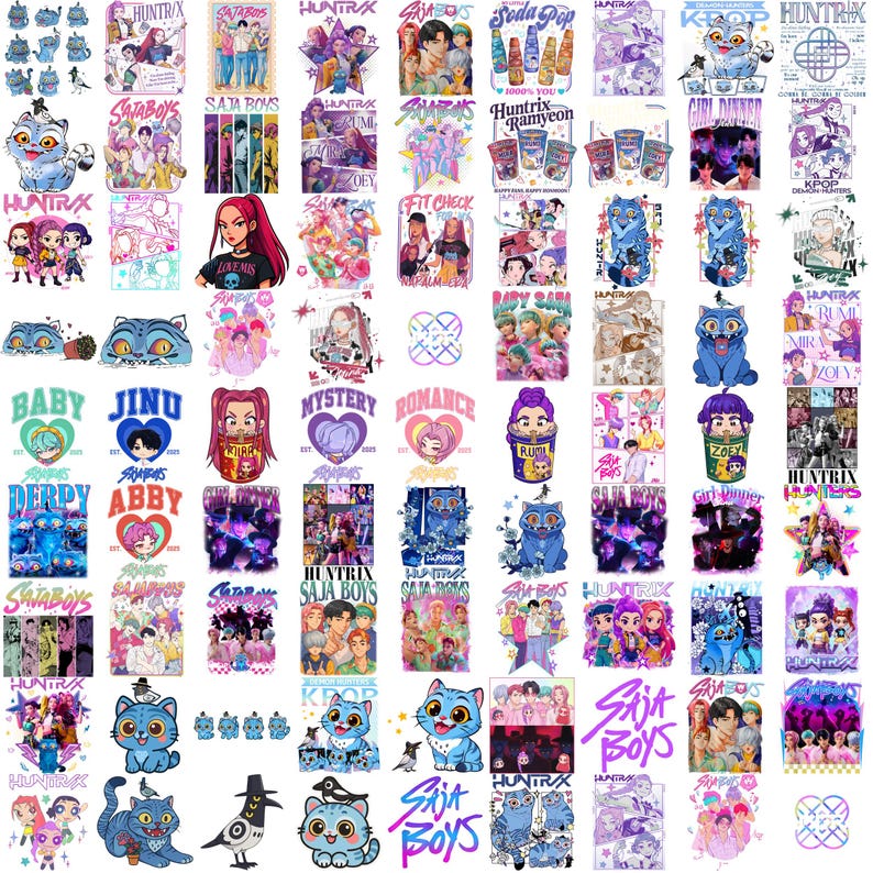 Puede incluir: Una colecci&oacute;n de dise&ntilde;os gr&aacute;ficos coloridos con texto e ilustraciones. Los dise&ntilde;os incluyen texto como "SAJA BOYS", "HUNTRY" y "KPOP". Las ilustraciones incluyen personajes de dibujos animados, corazones y gatos. La paleta de colores es diversa, con tonos de azul, rosa y morado.