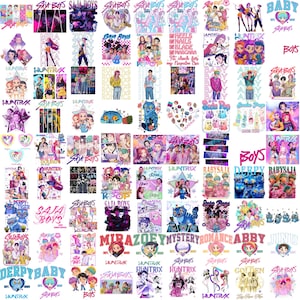 Puede incluir: Una colecci&oacute;n de dise&ntilde;os gr&aacute;ficos coloridos con texto e ilustraciones. Los dise&ntilde;os incluyen texto como "Saja Boys", "Huntrix" y "Derpy Baby", junto con varios personajes de dibujos animados e im&aacute;genes estilizadas.