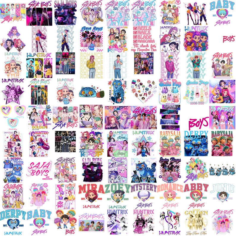 Puede incluir: Una colecci&oacute;n de dise&ntilde;os gr&aacute;ficos coloridos con texto e ilustraciones. Los dise&ntilde;os incluyen texto como "Saja Boys", "Huntrix" y "Derpy Baby", junto con varios personajes de dibujos animados e im&aacute;genes estilizadas.