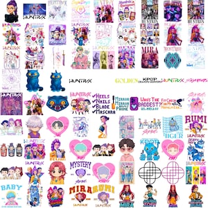 Puede incluir: Una colecci&oacute;n de pegatinas y gr&aacute;ficos coloridos con el grupo de K-pop HUNTR/X, que incluyen ilustraciones estilizadas de personajes, logotipos y texto. Los dise&ntilde;os incorporan varios colores y temas, adecuados para decorar.