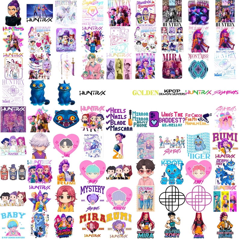 Puede incluir: Una colecci&oacute;n de pegatinas y gr&aacute;ficos coloridos con el grupo de K-pop HUNTR/X, que incluyen ilustraciones estilizadas de personajes, logotipos y texto. Los dise&ntilde;os incorporan varios colores y temas, adecuados para decorar.