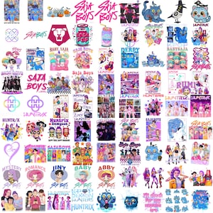 May include: A collection of colorful graphic designs featuring text and illustrations. Designs include the words "Saja Boys," "Huntrix," and "Derpy," along with cartoon characters, soda pop cans, and stylized logos. The color palette is vibrant, with pinks, blues, and purples.