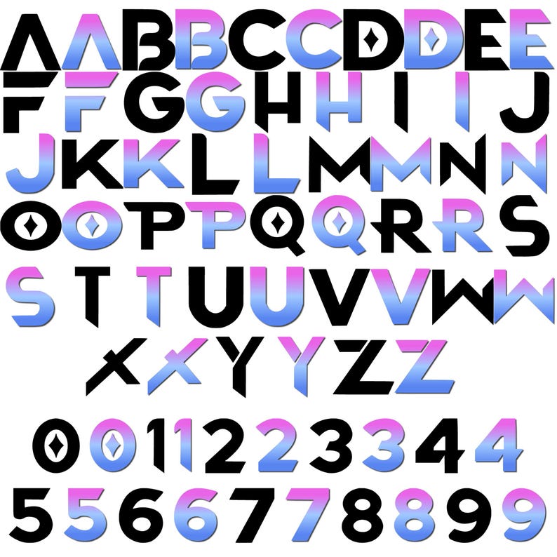 Puede incluir: Una colecci&oacute;n de letras y n&uacute;meros negros y con degradado. Las letras A-Z y los n&uacute;meros 0-9 se muestran en una variedad de fuentes. Los colores degradados son rosa y azul.
