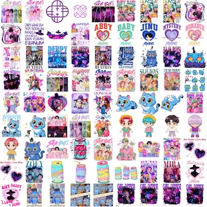 Puede incluir: Una colecci&oacute;n de pegatinas coloridas con varios dise&ntilde;os, incluyendo personajes de dibujos animados, texto e ilustraciones gr&aacute;ficas. Las pegatinas muestran una variedad de temas, como m&uacute;sica, anime y cultura pop. La paleta de colores incluye azules, rosas y morados.